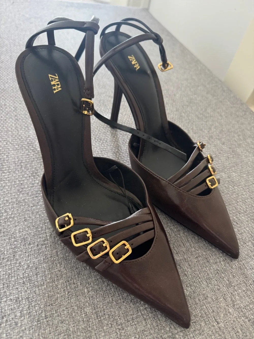 Zara Chocolate Brown Pointed Toe Strappy Heels with Gold Buckles - Picture 2 of 7